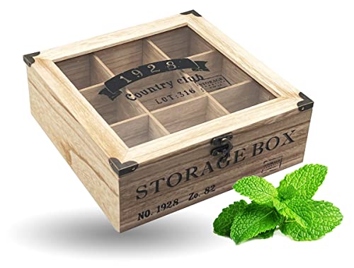 Nostalgische Vintage Teebox aus Echtholz Teebeutelbox Teebeutelhalter Texholzbox 9 fächer bis zu 105 Teebeutel